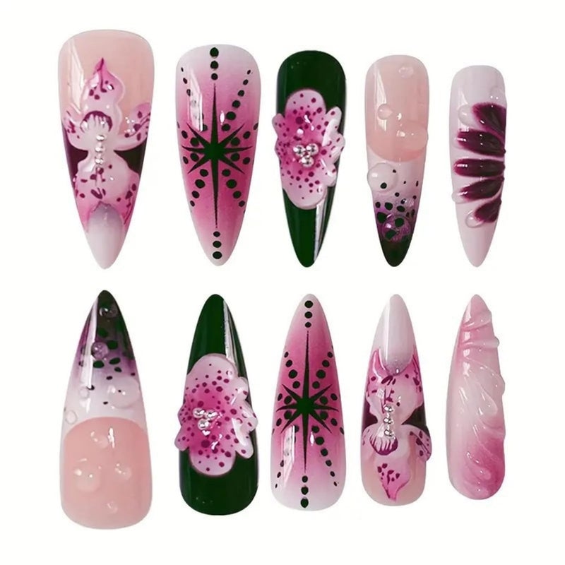 SEENEEY Long Press on Nails Almond Fake Nails Purple French Artificial Nail with 3D Flowers Designs Glitter Summer and Fall Cute Stick on Nail for Women 24pcs - Image 3